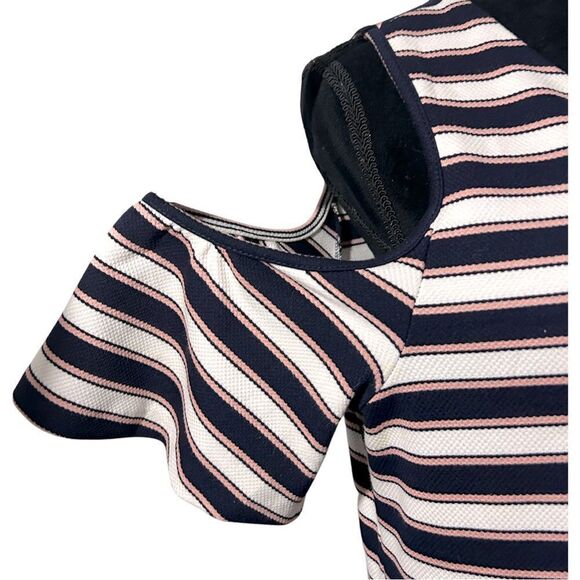 Ann Taylor Cold Shoulder Striped Flutter Dress Blue/Pink Size: Large Petite - Picture 8 of 9